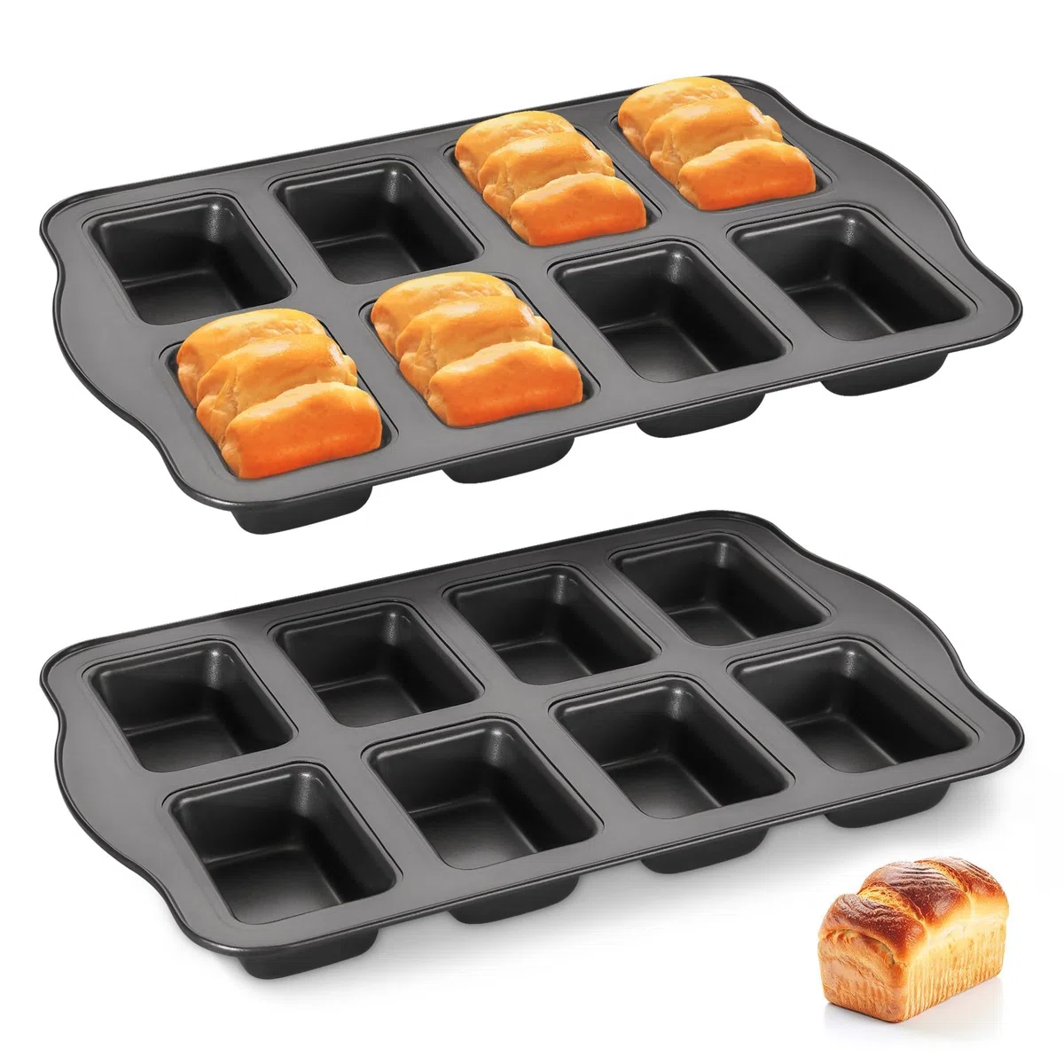 HONGBAKE 2er-Set Mini-Kastenform, 8-fach Antihaft Brotbackform (36x24cm) aus Karbonstahl, BPA-frei & spülmaschinenfest für Mini-Bananenbrot, Brownies, Brot