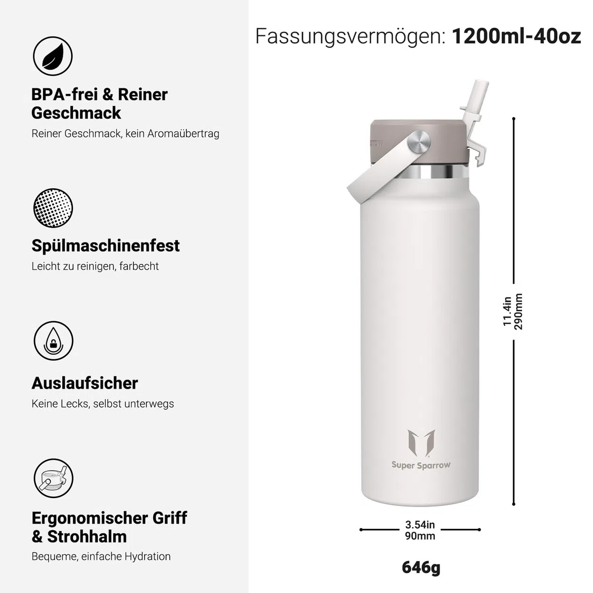 Sparrow Trinkflasche Edelstahl 1.2L - Weiter Öffnung SwivelSip Thermosflasche mit Strohhalm - BPA-frei, Auslaufsicher Trinkflaschen - Ergonomisch Thermoskanne für Sport, Reisen, Outdoor
