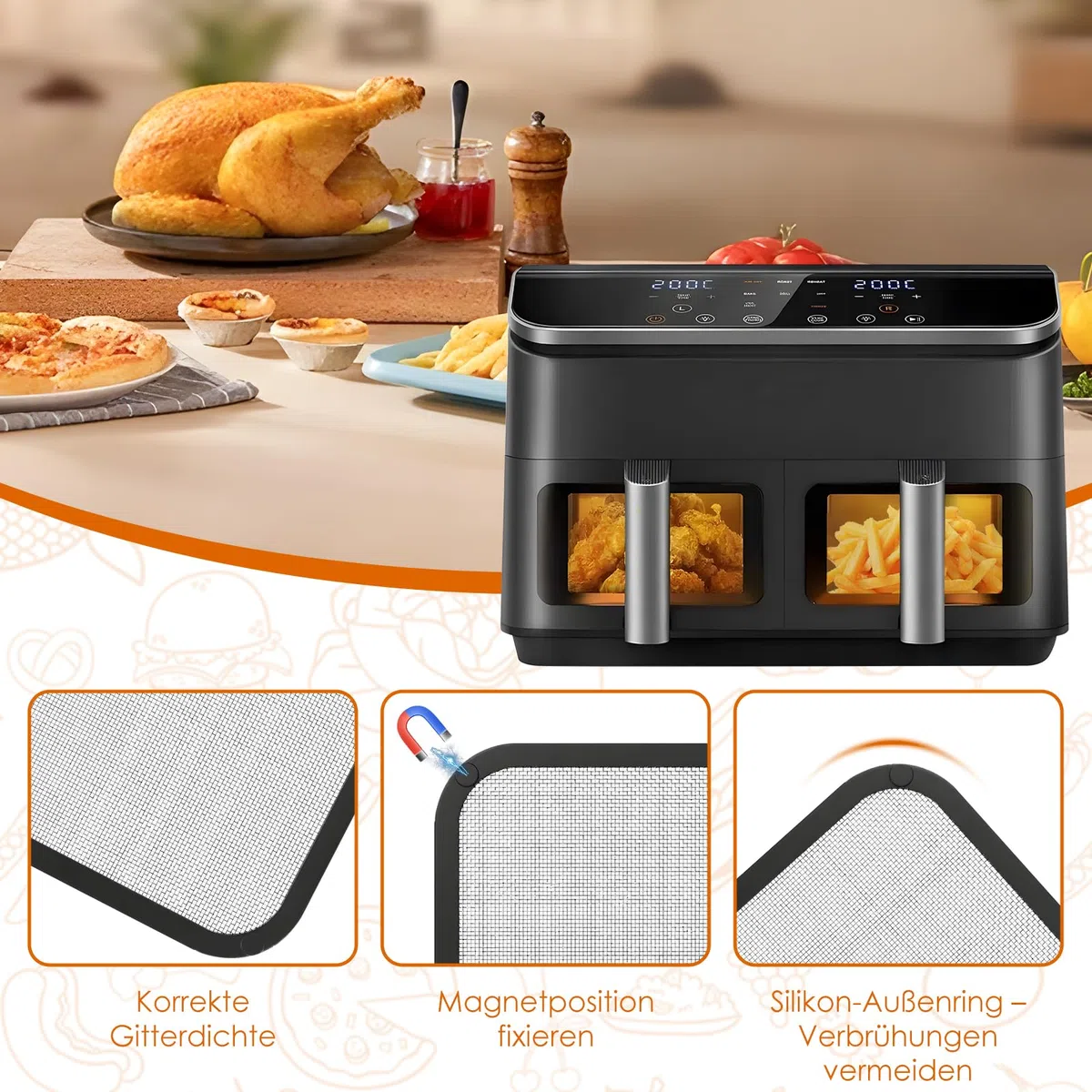 Edelstahl Spritzschutz für Cosori Airfryer 8,5L/ Dual Blaze TwinFry 10L, Feinmaschiger Fettspritzschutz, Heißluftfritteuse Zubehör Fettspritzschutz für Cosori CAF-R901-AEU 8,5L mit silikon außen