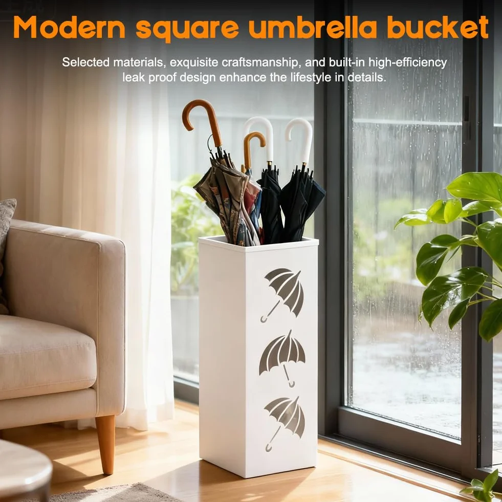 CEWROM Schirmständer, Regenschirmständer aus Metall, Wasserdichter und Rostfreier Quadratischer Freistehender Schirmständer Regenschirm, Abnehmbare Abtropfschale für Haus, Büro, Eingangsbereich (Weiß)