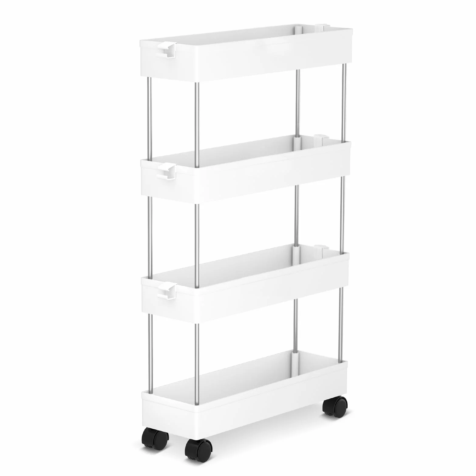 Rollwagen, Küchenwagen mit 4 Ebenen, Küchenregal mit 6 Haken, Nischenregal auf Rollen, Aufbewahrungsregal für Küche, Büro, Bad, Waschküche - 86 x 40 x 12.5cm