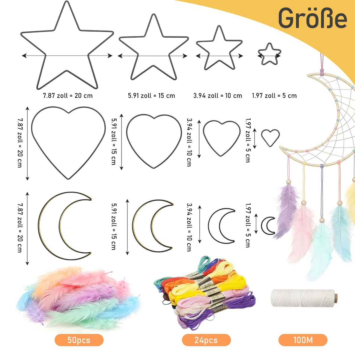 16-teiliges Traumfänger Bastelset, Schwarze Traumfänger-Ringe mit 24 bunten Garnen, 100m Baumwollschnur, 50 Macaron-Federn, Ideal für DIY-Projekte und Geschenke