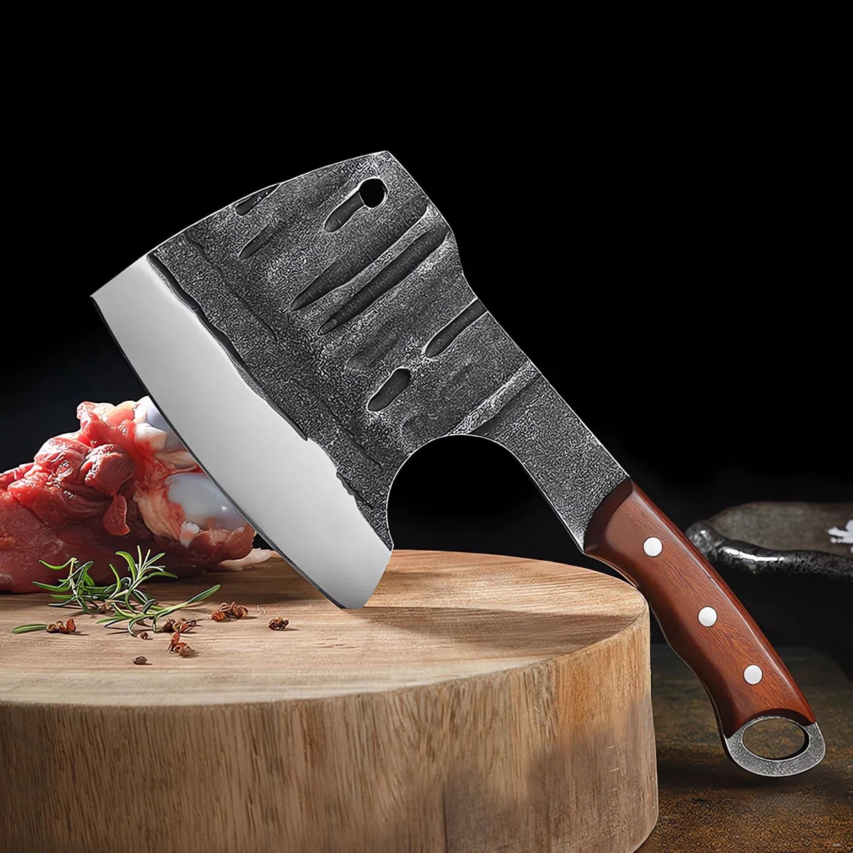 Profi-Küchenbeil mit Holzgriff, Full Tang Küchenbeil mit Lederscheide, Scharfes Metzgermesser aus hochwertigem Kohlenstoffstahl, Hackmesser für Knochen,Messer Outdoor Schwerstarbeit