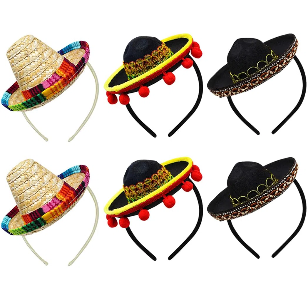 Set von 6 Cinco de Mayo Stroh Sombrero Stirnband Stoff Partyhüte mit Ball Fransen Dekoration für Fiesta Hut Partyzubehör, Dia de Muertos, mexikanische Themen Dekorationen Partyzubehör