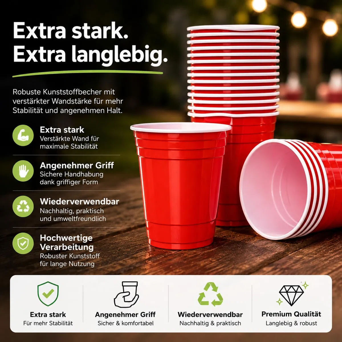 Red Cups extra stark – 473 ml / 16 oz Beer Pong Becher, wiederverwendbare Partybecher, rote Plastikbecher für Bierpong, Partys, Festivals, JGA, Camping (250x)