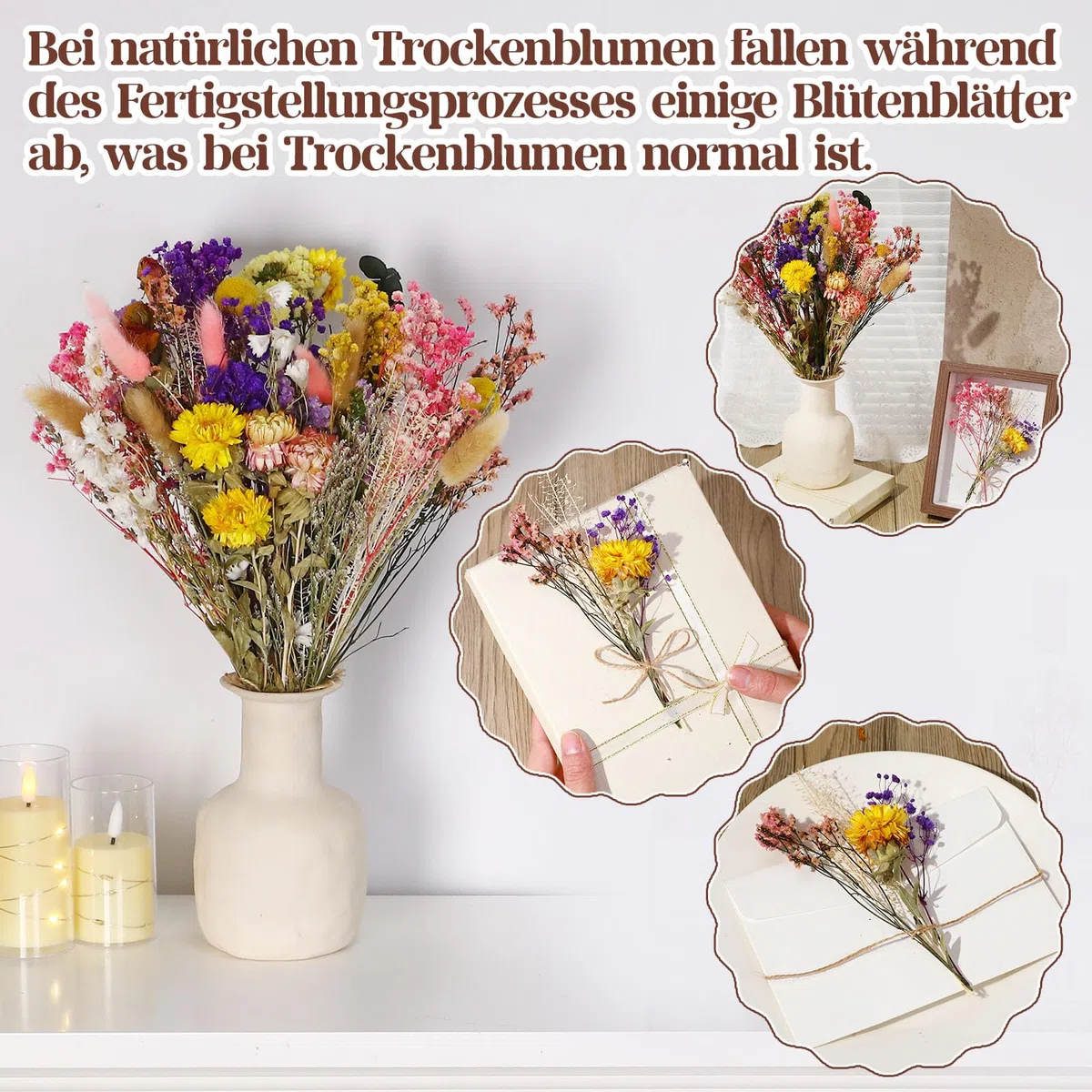 46 Stück Trockenblumenstrauß Deko Set, 15 Sorten Trockenblumen Blumen, Bunt Getrocknete Blumen, Natürlichen Strohblumen für Wohnzimmer Home Hochzeit Vasen Tischdeko