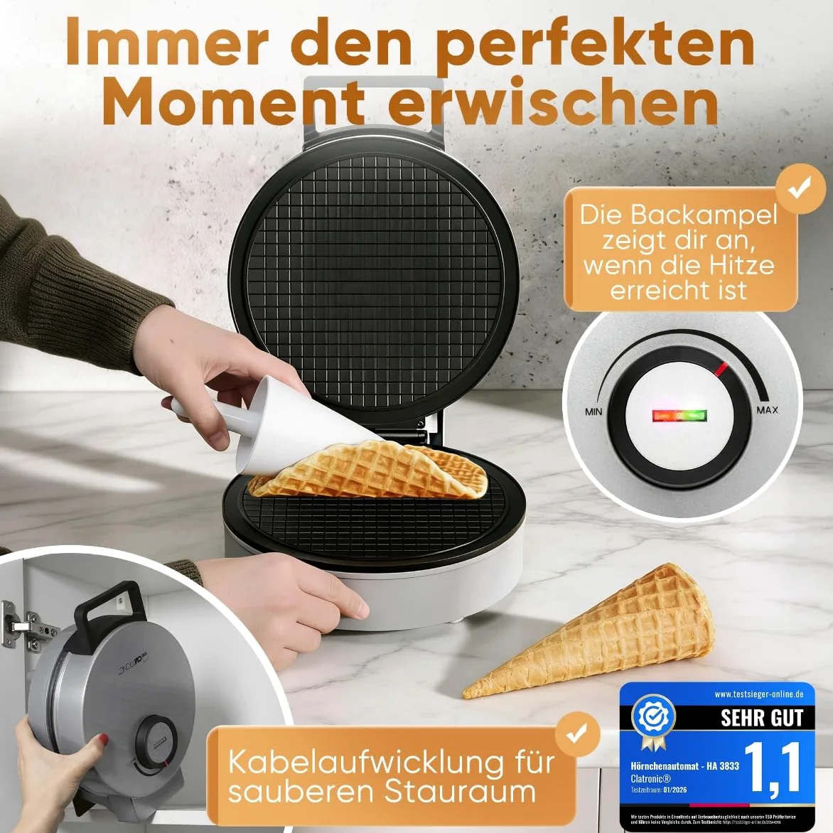 Clatronic® Hörncheneisen | Antihaftbeschichtung | inkl. Hörnchenkegel | stufenloser Regler für Bräunung nach Wunsch | Hörnchenautomat | 1200W | große Backfläche | Eiswaffeleisen | HA 3833