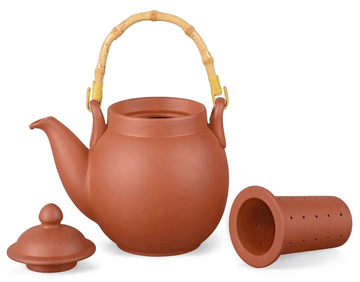 Ton Teekanne Tenno 0,8 Liter mit Tonsieb und Bambushenkel, Handgefertigt, Original Aricola®
