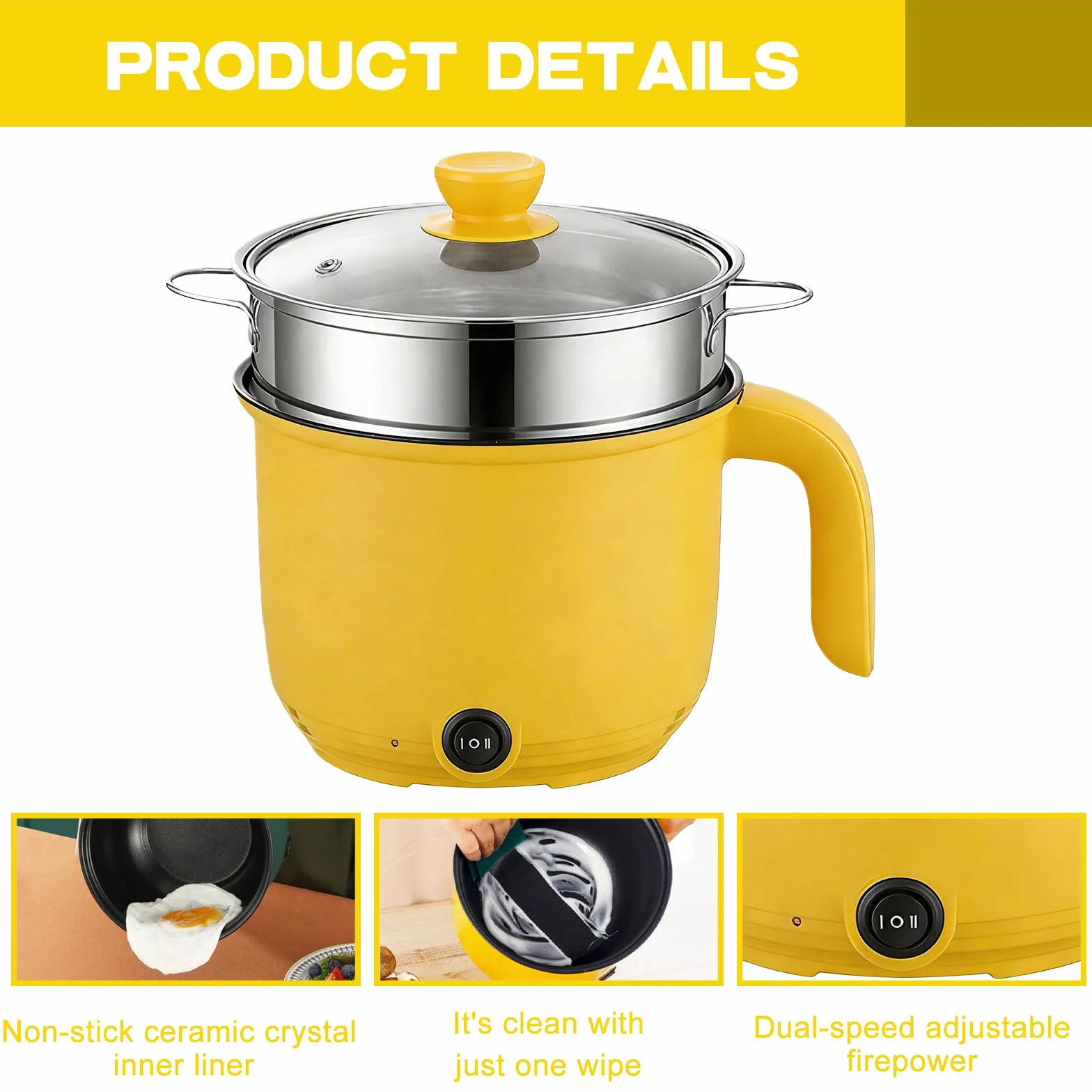 Elektrische Hot Pot mit Dampfgarer, Hotpot Topf Elektrischer Mehrzweckpfanne Mini Tragbare Antihaft Multikocher, Electric Bratpfanne Schneller Ramen Kocher für Steak/Nudeln/Suppe/Ei/Hafer