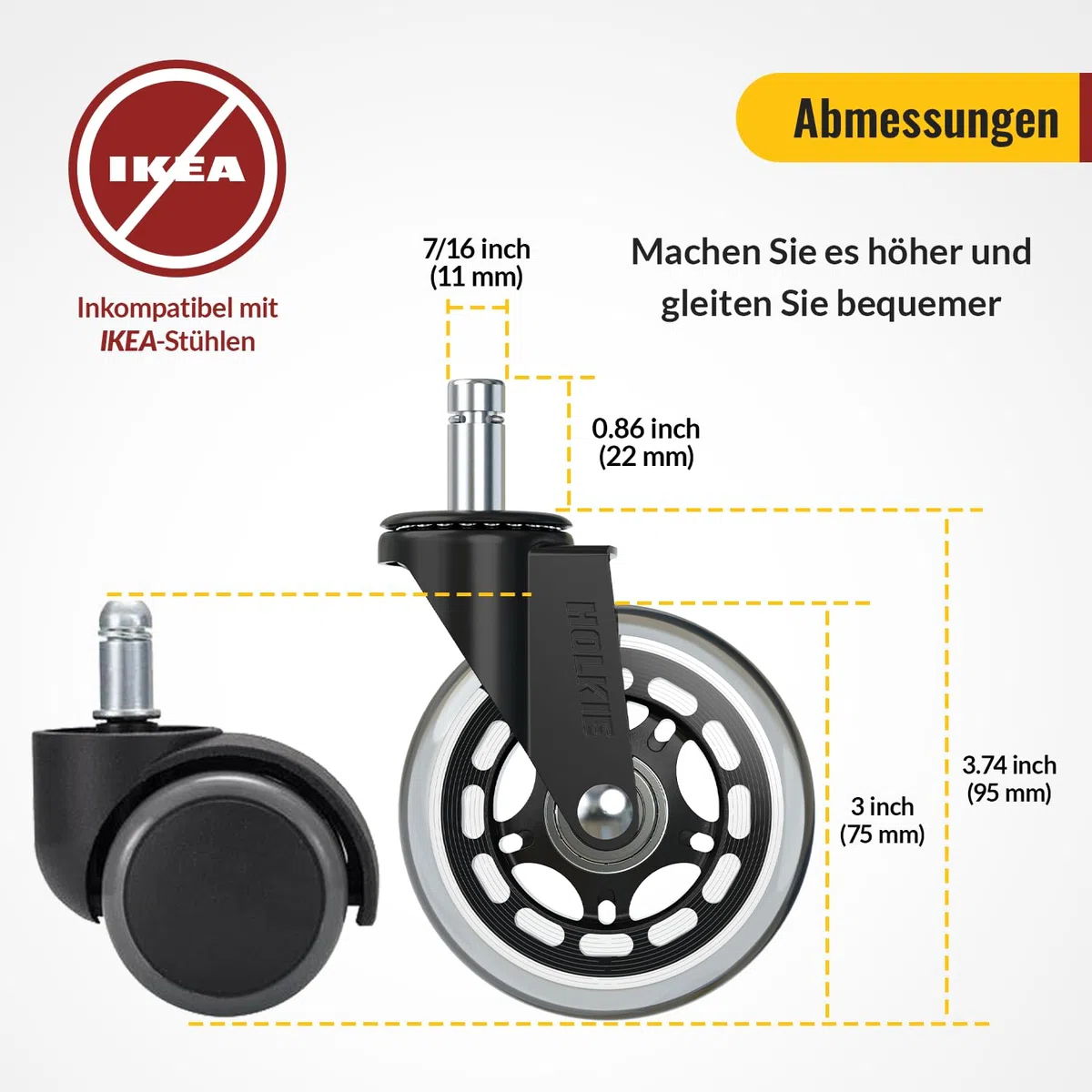 HOLKIE Bürostuhl Rollen für Bürostühle 5er-Set für Parkett Hartbodenrollen Boden 11x22 mm Transparent Schreibtischstuhl Gummirollen für Stühle als Computer-Gaming-Stuhl Bürostuhlrollen Sehr Leise