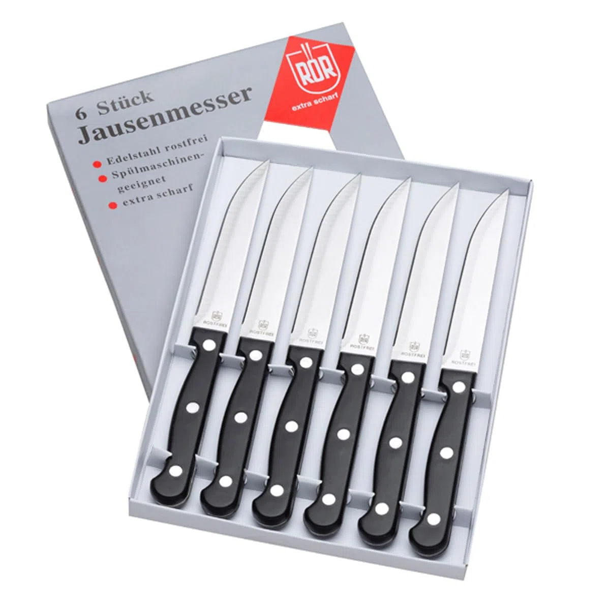 NEUSTANLO | Steakmesser aus rostfreiem Stahl | 6 Stück | Schwarz | extra scharfer Wellenschliff | ideales Brötchenmesser, Jausenmesser für den Mittagstisch