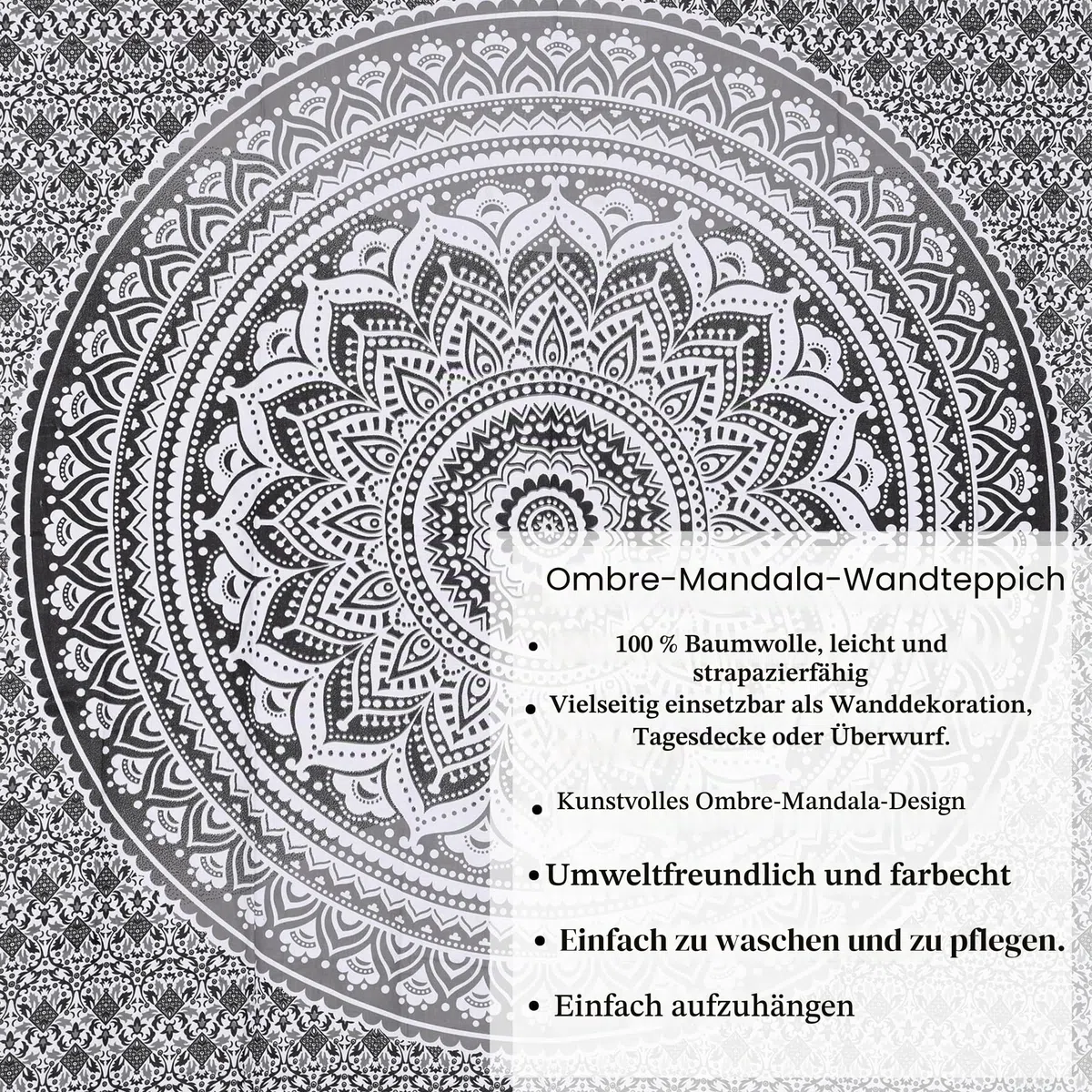 THE ART BOX Indie Wandteppich Baumwolle Mandala Wandbehang Deko Teppich Aesthetic Room Decor Dekoration Wandtuch/Strandtuch Wohnzimmer Indische Tücher Schlafzimmer, Grau und Weiß, 135x210 Cm