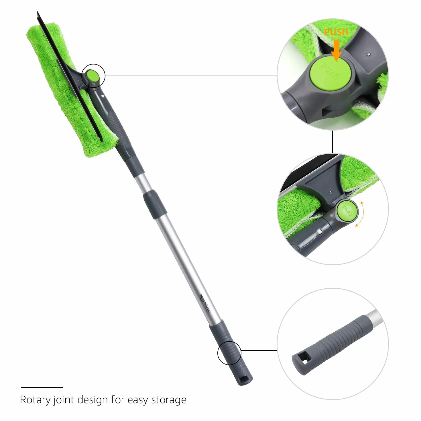 Amazon Basics Ausziehbarer Fensterabzieher mit 180 Grad drehbarem Kopf und Teleskopstange, 66–96,5 cm, perfekt zum Reinigen von Fenstern, Spiegeln, Grün, Silber, Schwarz Fliesen