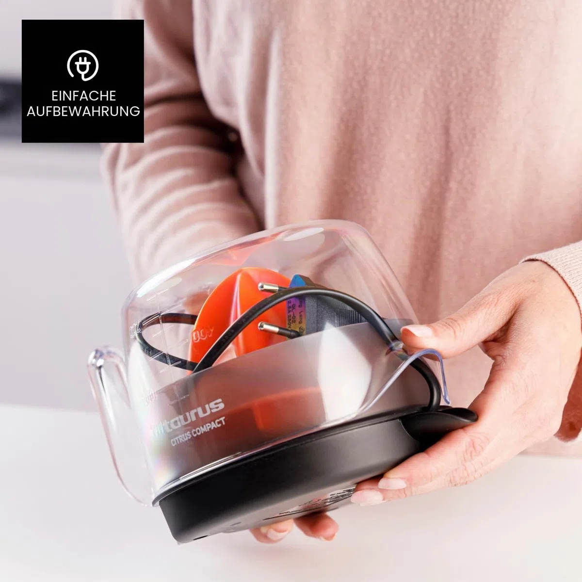 Taurus - Elektrische Zitruspresse Citrus Compact | Doppelte Rotationsrichtung | Extra großer Presskegel | Abnehmbar & spülmaschinenfest | Platzsparendes Design | BPA-frei | 800 ml
