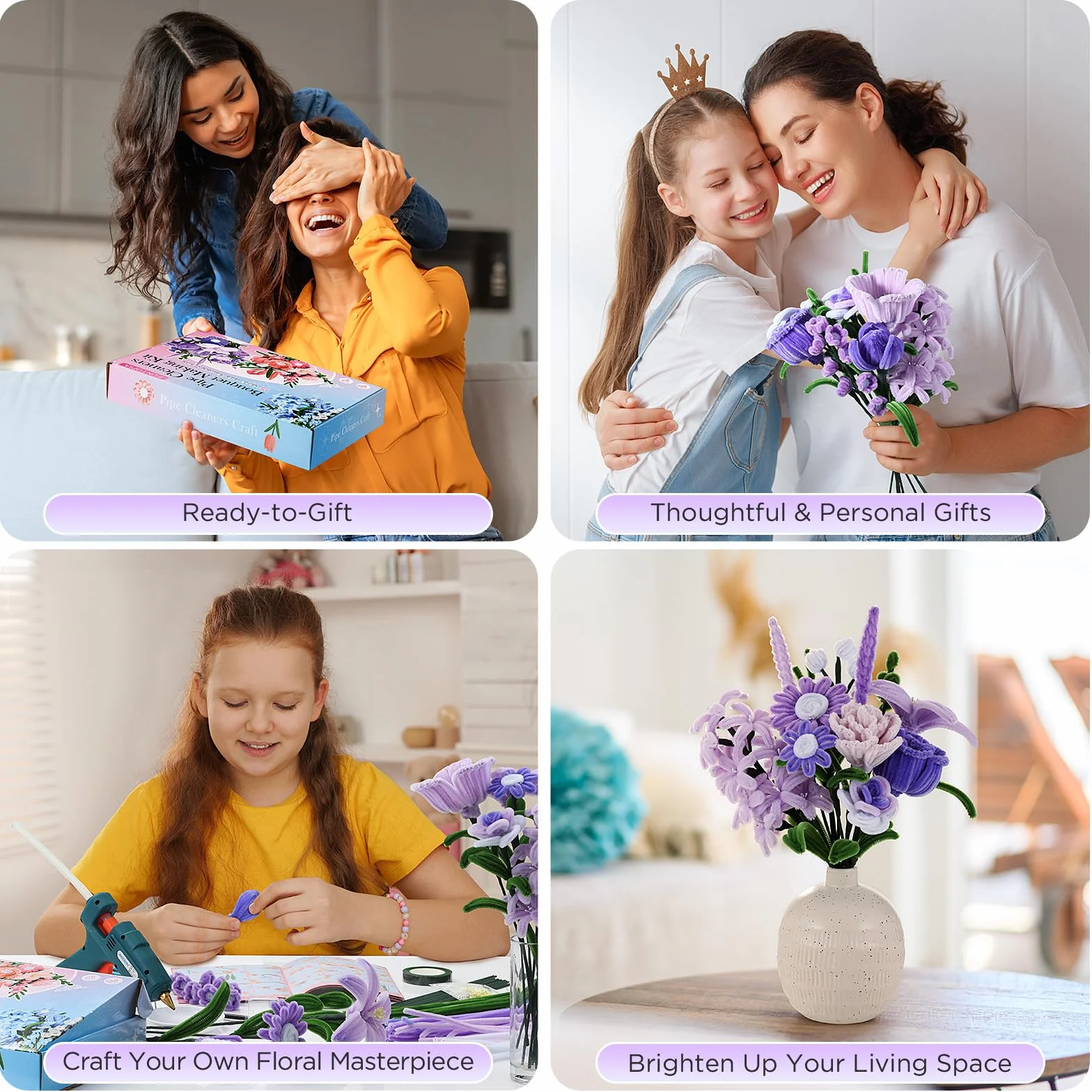 Funtopia Pfeifenreiniger Blumen Bastelset, 540 Stück Pfeifenputzer zum Basteln mit 15 Blumen-Designs Anleitung, Chenilledraht, Blütenstempel, Blumendraht & Klebeband, DIY Blumenstrauß, Lila & Violett