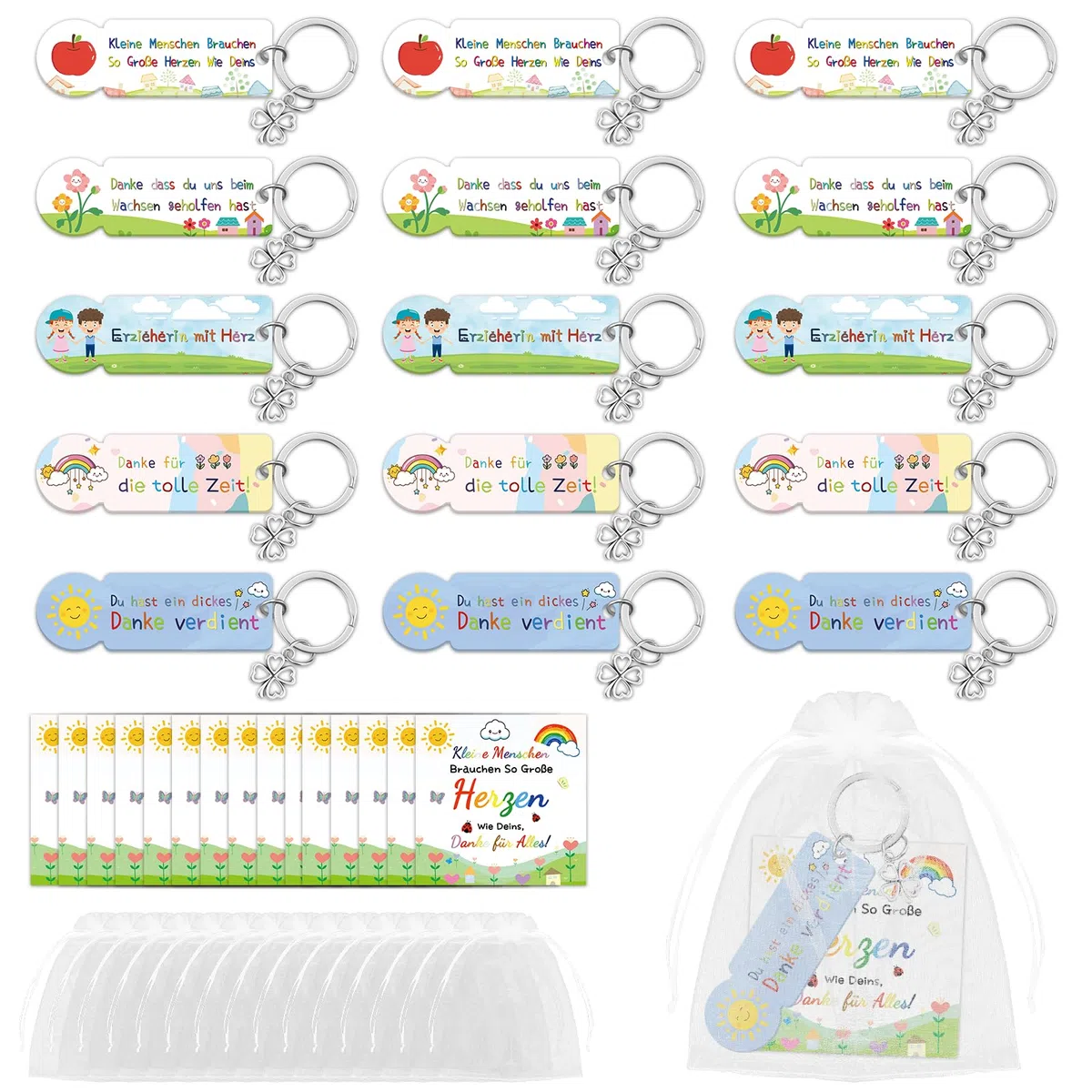 Kindergarten Abschiedsgeschenk, 15er Acryl Einkaufswagenchip Schlüsselanhänger mit Organzatasche und Dankeskarte, Schlüsselanhänger Dankeschön Geschenk zum Abschied für Lehrerin Erzieherin