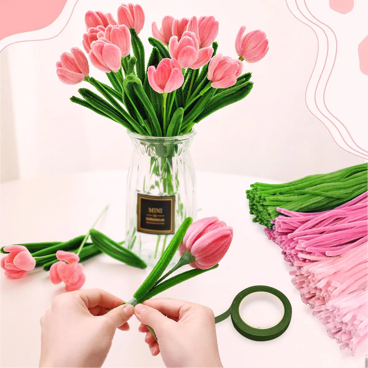 FACIACC 600 Stück Tulpenstraußes Pfeifenreiniger Blumen Set, Chenille-Blumenstiele in 6 Farben für Selbstgemachte Blumensträuße, inklusive Blumendraht, Klebeband, Staubgefäßen, Geschenkpapier, Schere