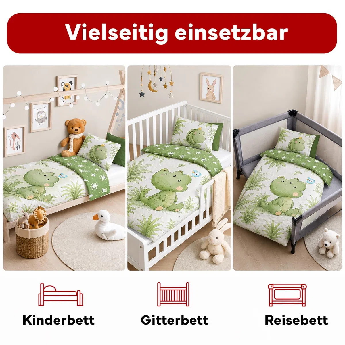 Kinderbettwäsche Set Motiv Krokodil Druckmotiv 100% Baumwolle Reißverschluss pflegeleicht Bettbezug 100x135 cm + Kissenbezug 40x60 cm