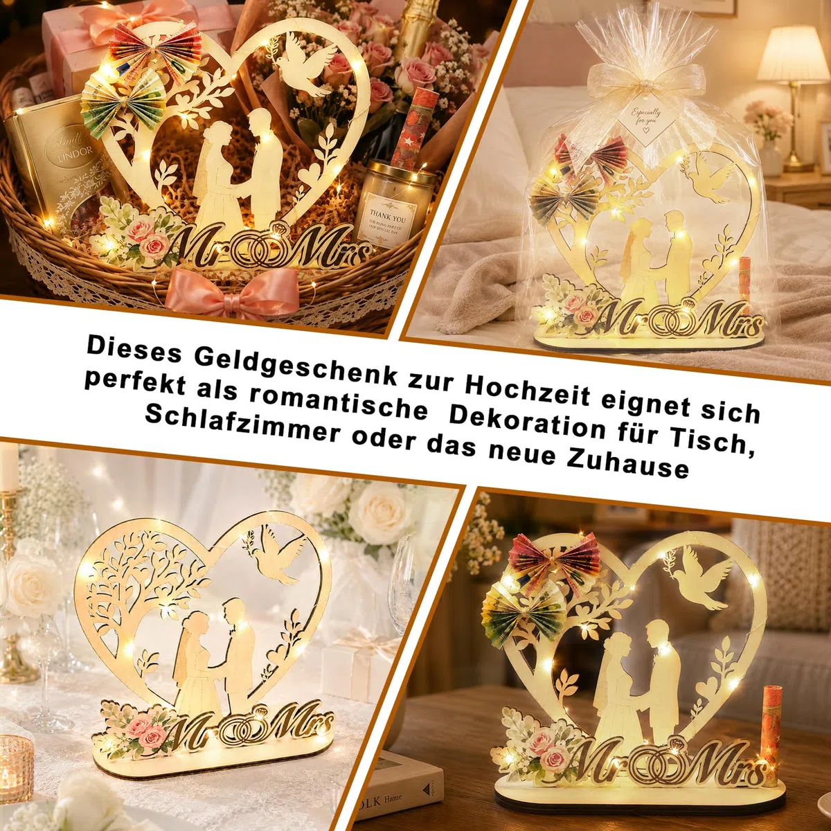 Giftota Geldgeschenk Hochzeit mit LED Lichterkette - Originelle Hochzeitsgeschenke für Brautpaar - Mr und Mrs Geschenk - Geldgeschenke zur Hochzeit Holz Paar Geschenke
