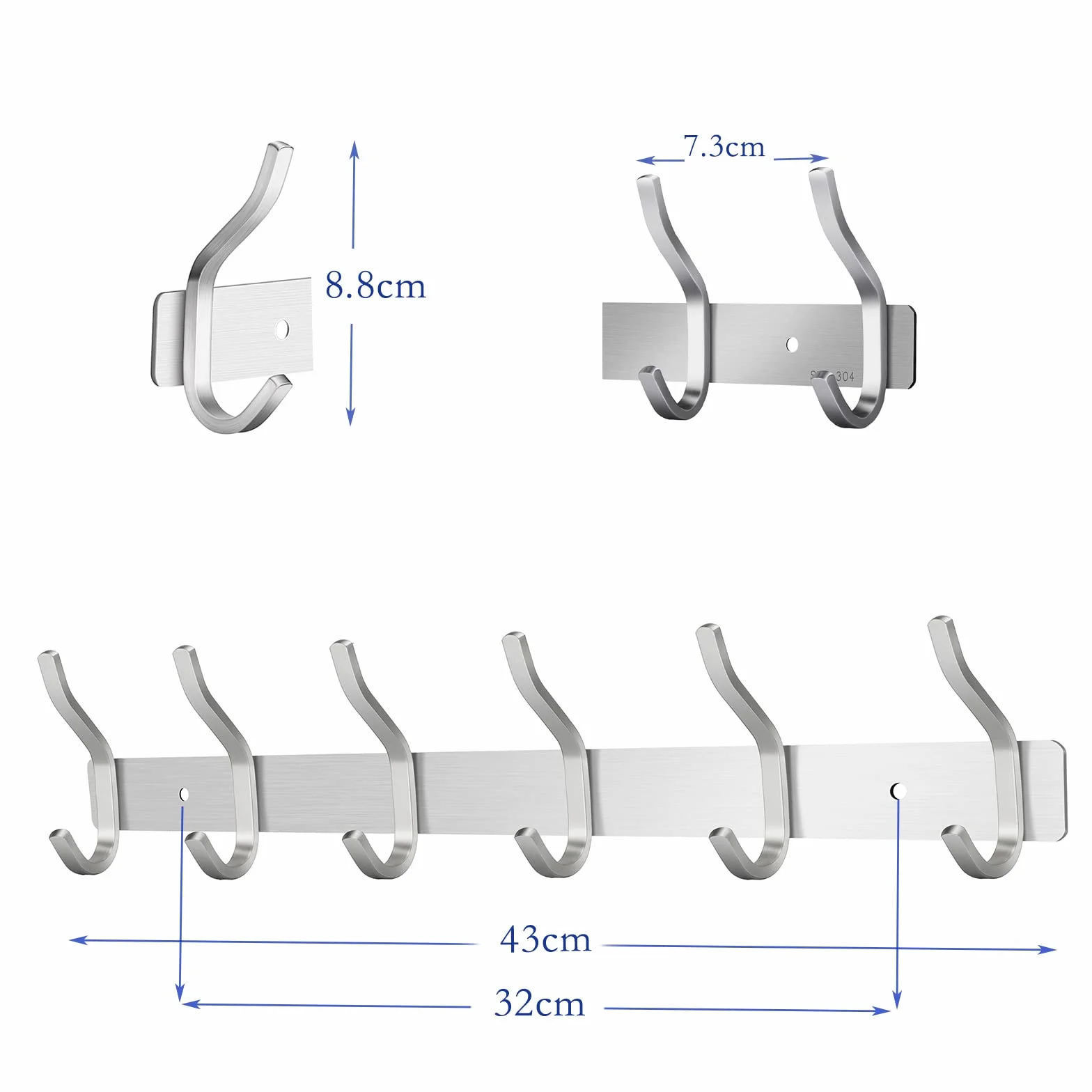 Garderobenhaken Edelstahl, Hakenleiste Kleiderhaken Wand mit 6 Haken, Garderobe Garderobenleiste Wandgarderobe für Schlafzimmer Bad Küche (Silber, 6 Haken)