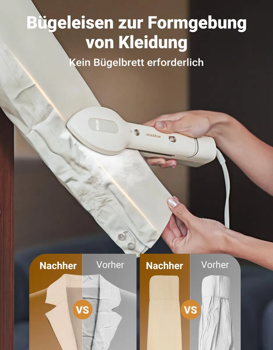 Jack & Rose Dampfglätter Bügelpresse Trockenbügeln 3 in 1, Tragbarer Steamer mit 100-240V Duale Spannung, 15s Schnellaufheizung Steamer Dampfglätter, 1000W Steamer mit 7 Stoffmodi für weltweite Reise