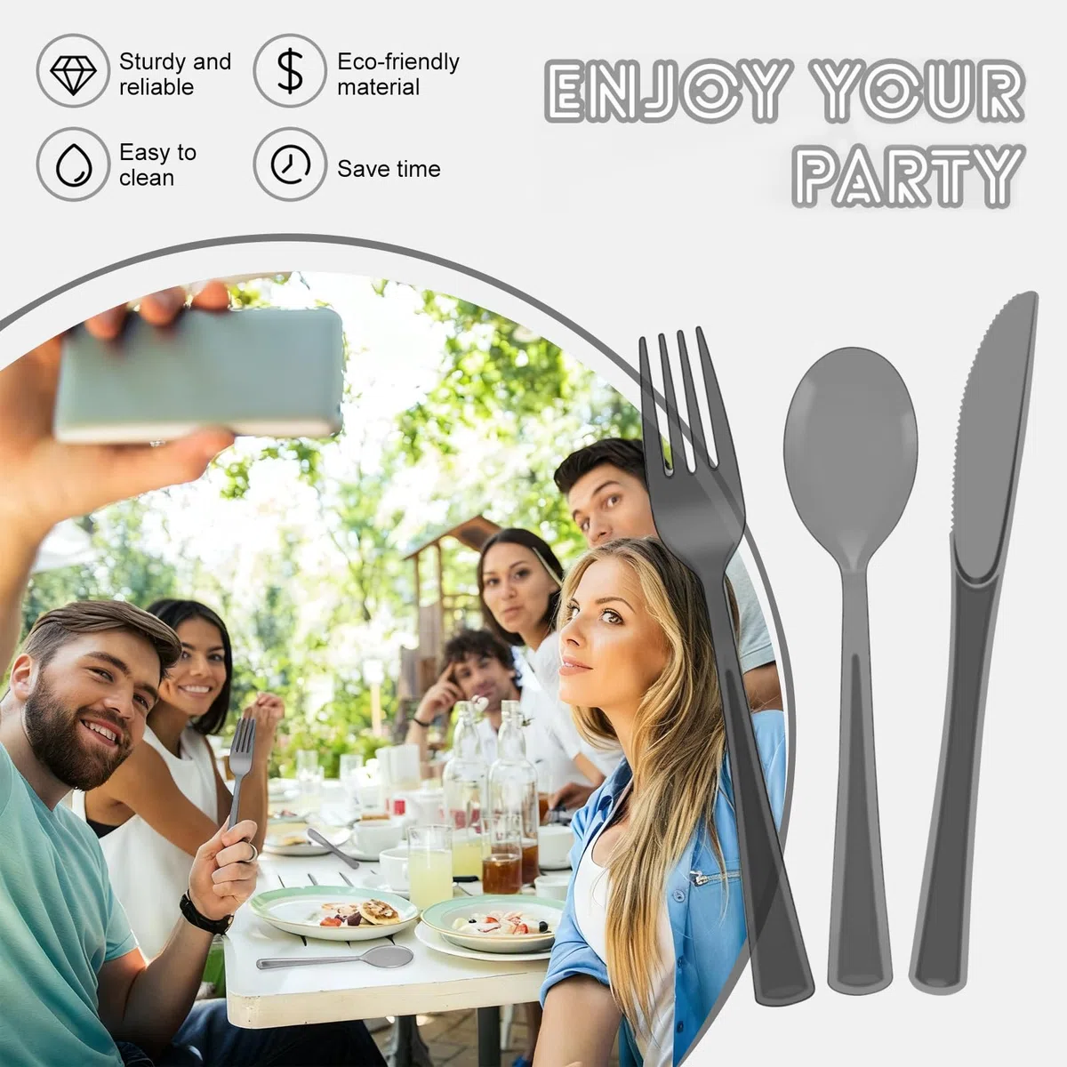 150 Stück Plastikbesteck Set, Enthalten Plastikgabeln, Plastiklöffel, Plastik Messer, Party Besteck Plastik für Familienfeiern, Outdoor Dinner, wiederverwendbar Geschirr