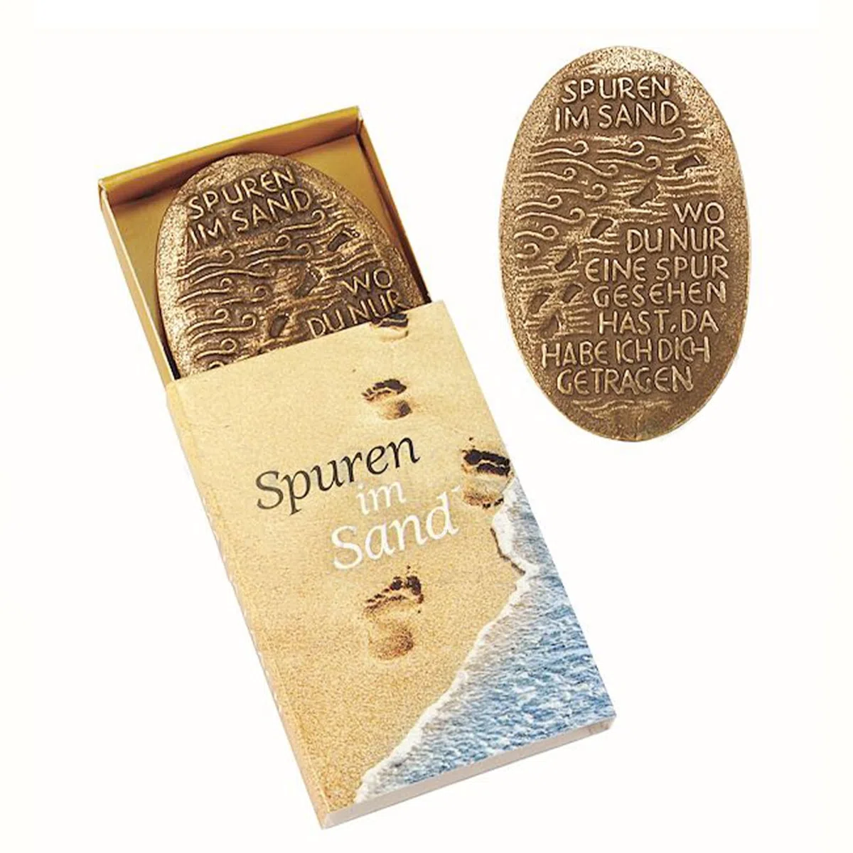 Herzmensch Handschmeichler Spuren im Sand - Massive Bronze, Gold 3,3 x 5,1 cm - Kleiner Glückstaler für Trauer, Krankheit und Genesung für alle Anlässe