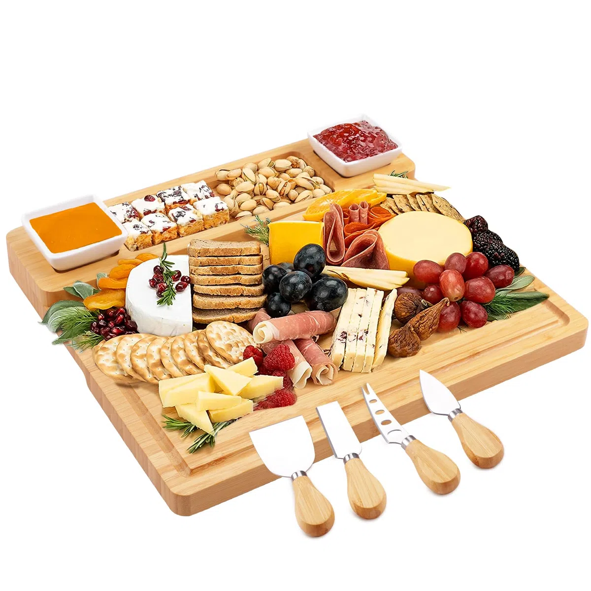 Käsebrett aus Bambus mit Käse Werkzeugen, charcuterie Board, Käseplatten-Set, Serviertablett für Weincracker, Brie und Fleisch, Bambusheber, Einzugsgeschenk für Leckereien und Weihnachten