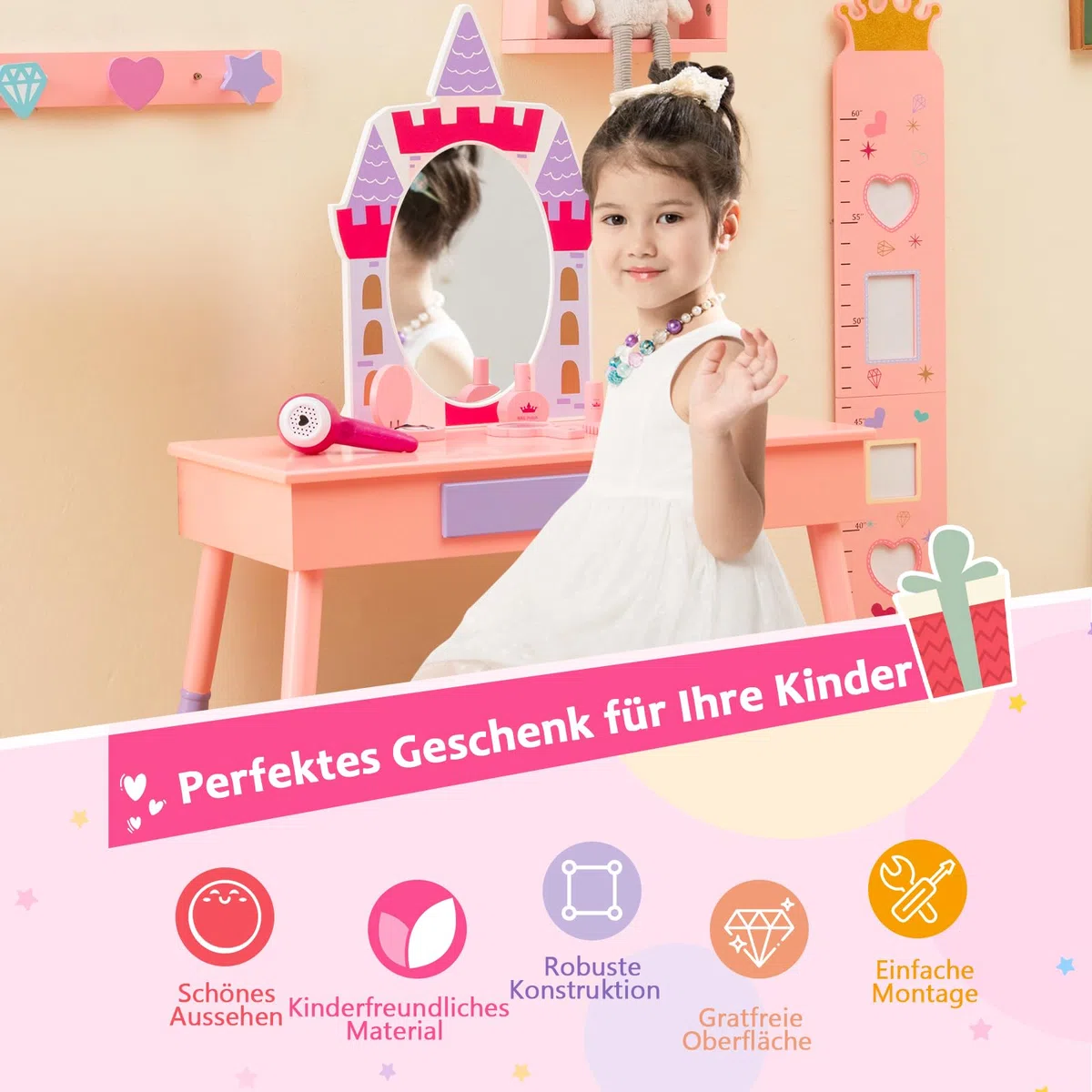 GOPLUS Kinder Schminktisch mit Spiegel, Prinzessin Frisiertisch mit Wachstumstabelle, Türhänger, Kleiderhaken & Wandregal, Kosmetiktisch Holz mit Hocker, Mädchen