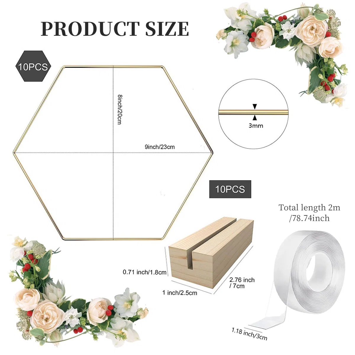 Metallringe zum Basteln, 10 Stück Hexagon Metallring, 20cm Metallring mit Fuß, Metall Deko Ringe mit Holzständer für DIY Handwerk Hochzeit Party Tischschmuck