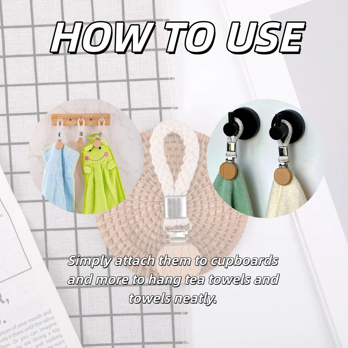2 Stück Hängende Geschirrtücher Clips,Handtuchclips zum Aufhängen,Handtuchaufhänger Schlaufe, Multifunktional für Küche Bad Balkon Schränke,Handtuch Klammer Ohne Nähen, Beige