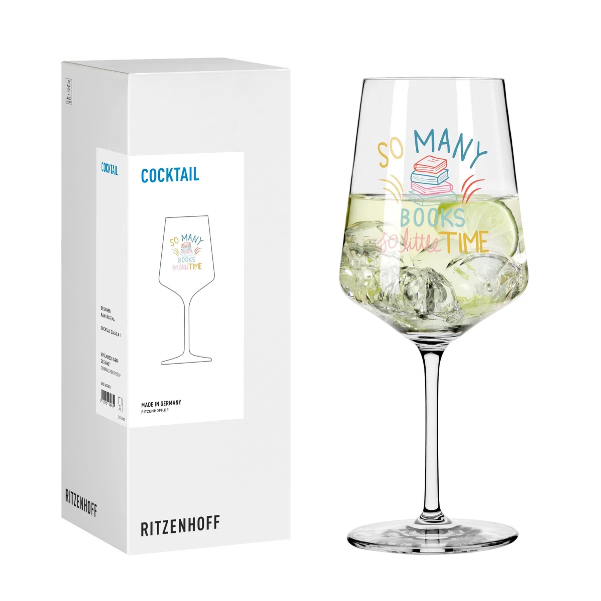 RITZENHOFF 8271001 Cocktailglas 500 ml - Serie Bücher - mit Spruch So many books, so little time, bunt - Made in Germany