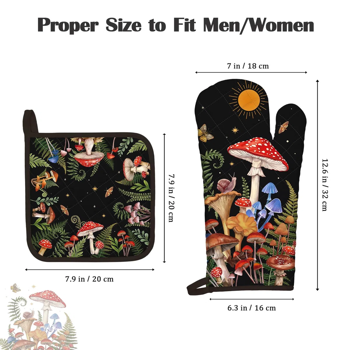 Ofenhandschuh und Topflappen Pilz 4er Set, 100% Baumwolle Kochhandschuhe, Hitzebeständiger Küchenhandschuh Zum Kochen Backen Grillen Geschenk