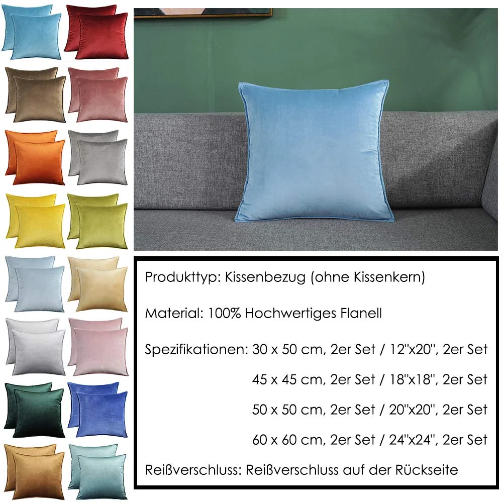 Matty-LZ 2er Set Samt Einfach Weicher Kissenbezug Hochwertige Qualität Set Dekorativ Sofa Schlafzimmer Auto Kissen Kissenhülle mit Verstecktem Reißverschluss Zweiteilig 50x50cm / 20"x20"inch Hellblau