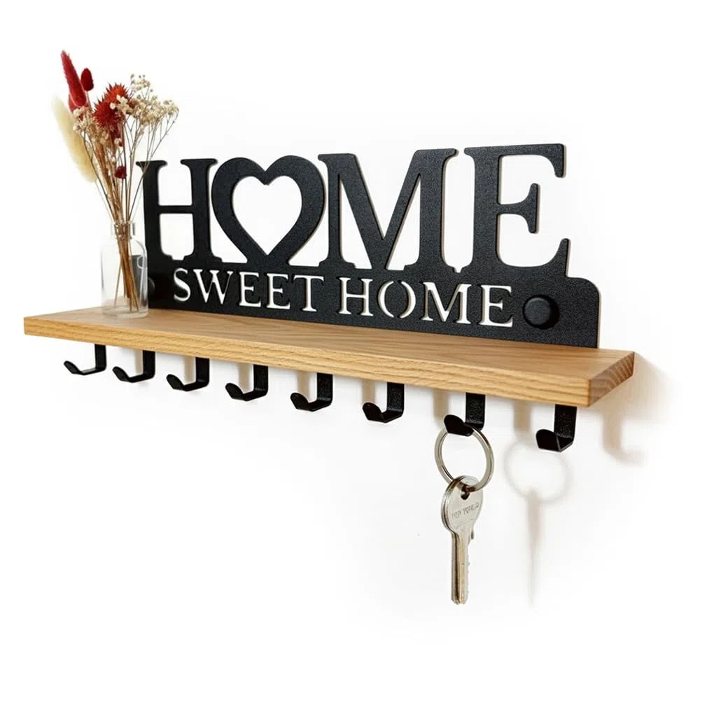 Schlüsselbrett mit Ablage aus Echtholz & Metall | Wandorganizer mit 8 Haken für den Flur | Home Sweet Home Design zur Wandmontage