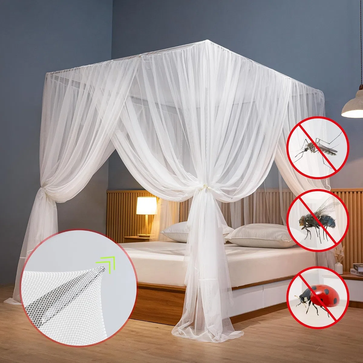 4 Eckpfosten Himmelbett Vorhang, Moskitonetz Doppelbett und Einzelbett, Mückenschutz Moskitonetz, Dekoration, Universal-Baldachin, Bettvorhänge für Erwachsene und Frauen, 210 x 190 x 240 cm, Beige