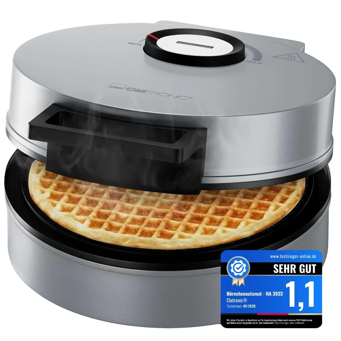 Clatronic® Hörncheneisen | Antihaftbeschichtung | inkl. Hörnchenkegel | stufenloser Regler für Bräunung nach Wunsch | Hörnchenautomat | 1200W | große Backfläche | Eiswaffeleisen | HA 3833