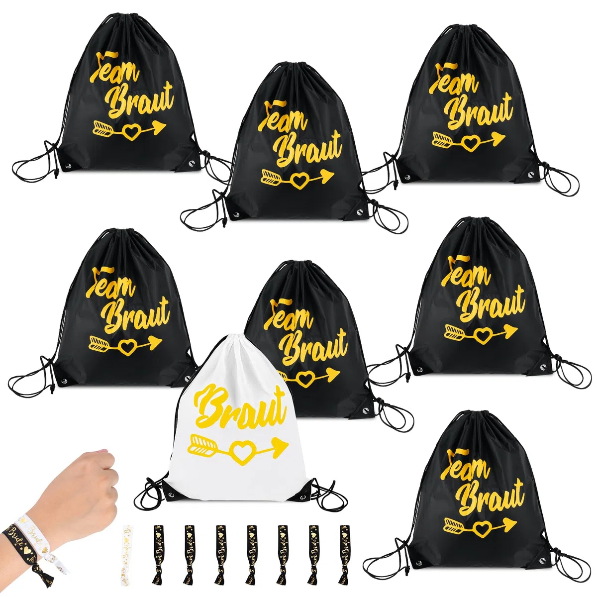 8PCS Turnbeutel Team Braut GA Beutel Set,Turnbeutel Team Braut mit Kordelzug für Brauts Party Geschenke Hochzeit,42x43cm,JGA Junggesellenabschied Frauen Turnbeutels Damen,Teams Brauts rucksack Set