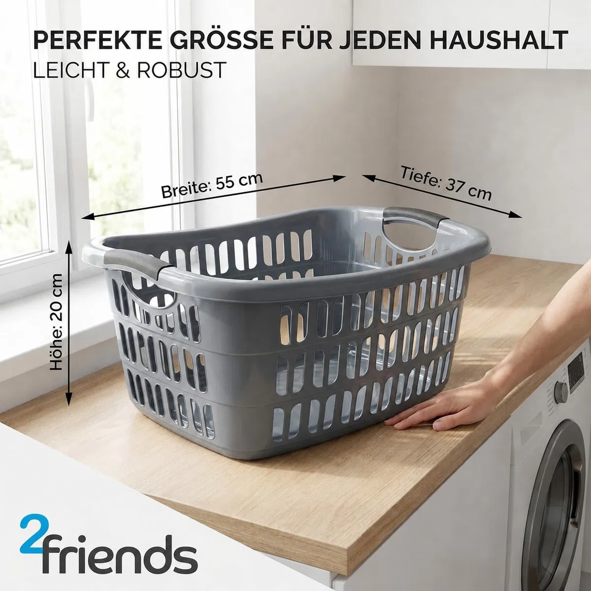3er Set Wäschewanne groß 30 Liter, Wäschekorb Plastik Grau, Wäschewanne Kunststoff grau mit ergonomischen Griffen, vielseitig einsetzbar, 55x37x20 cm, Wäschekorb Made in EU