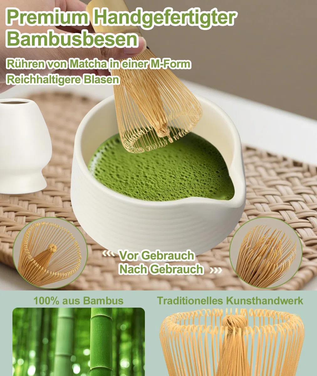 JBER Matcha Besen Set, Matcha Set 7-Teiliges - Bambus Matcha Whisk, Matcha Schale mit Auslauf, Matcha Besen Halter, Sieb, Löffel und Halter, Japanisches Matcha Zubehör für Matcha-Liebhaber, Beige Weiß