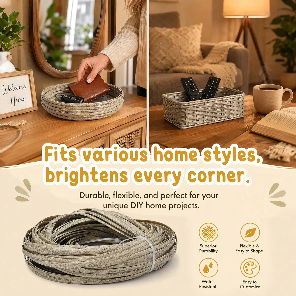 Polyrattan Reparatur 65 m Rolle Flach PE Rattan für Rattan Möbel Reparatur Gartenmöbel Stuhl Tisch Korb Wicker Ersatzmaterial Wetterfest und Strapazierfähig (Grau Meliert)