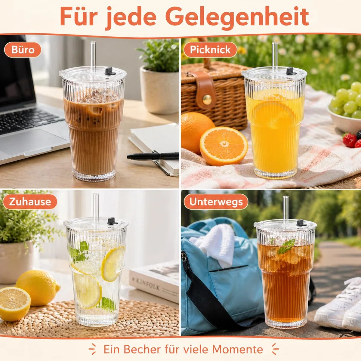ALINK 2 Stück 600ml Gerippte Glasbecher mit Deckel und Strohhalm, Eiskaffee Gläser, Longdrinkglas Set, Smoothie Becher, luftdichtes und wasserdichtes Design, ideal als Kaffee
