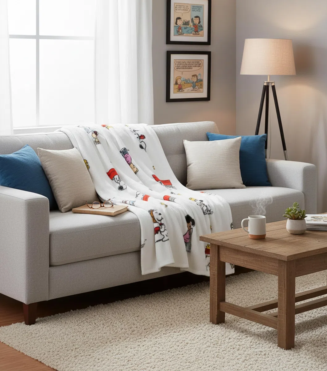 Kanguru Snoopy Decke aus weichem Fleece Weiche und warme Mikrofaser, Weihnachten oder für eine bequeme Entspannungscouch, TV-Plaid-Erdnüsse, 100% Polyester, weiß, Einheitsgröße