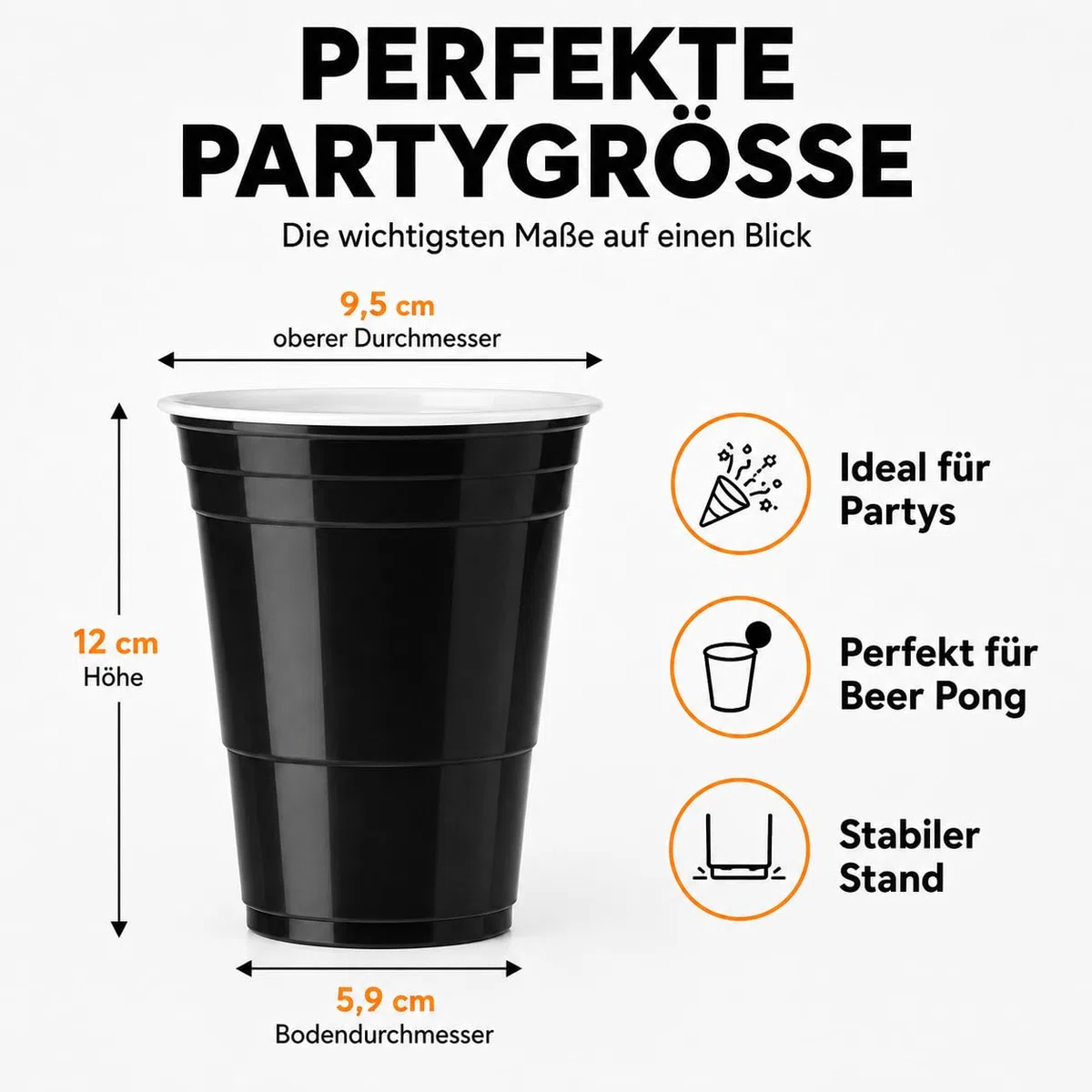100 Partybecher schwarz | Wiederverwendbare Plastikbecher 12 cm | Lebensmittelechte Becher im 2x 50er Pack | Beerpong Becher für Festival, JGA, Gartenparty, Geburtstag & Trinkspiele