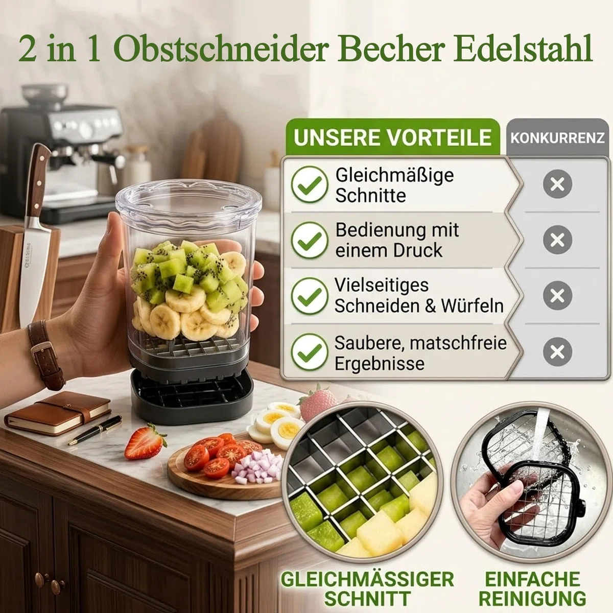 2in1 Obstschneider Becher Edelstahl zum Scheiben und Würfeln，Schwarz | Fruit Slicer Cup, Erdbeerschneider mit Druckplatte, Abnehmbarer Obstschneidebecher für Zwiebel und Eier