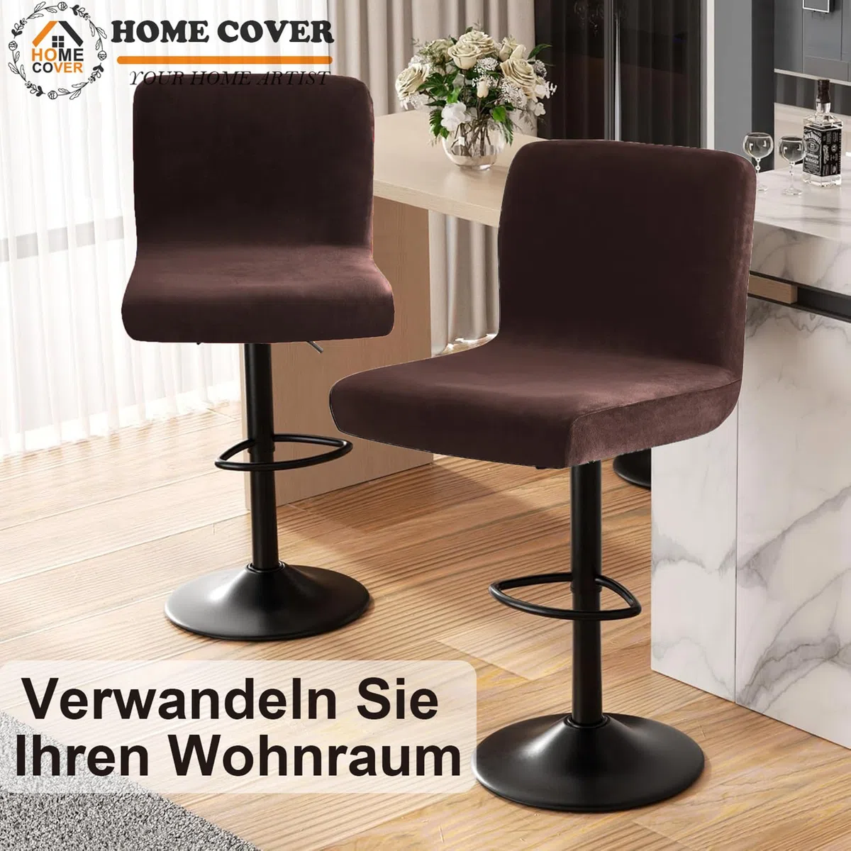 Barhocker Bezüge Mit Rückenlehne, Stretch Samt Stoff Barhocker Stuhlbezüge Abnehmbar Niedriger Rücken Schwenkbare Stuhlbezug-braun-2er Set