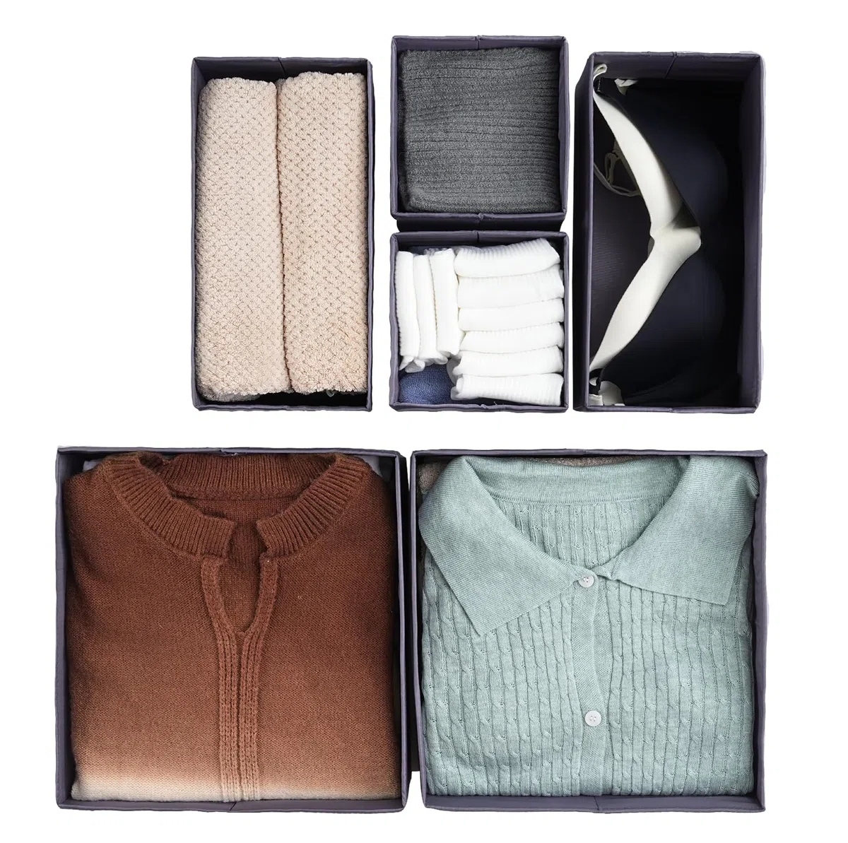 TYEERS Schubladen Organizer, Strapazierfähiger Stoff, Waschbar, mit Bodenstützplatten, Kleine Aufbewahrungsboxen für Badezimmer, Kleiderschrank, Kommode, 6er-Set, Dunkelgrau