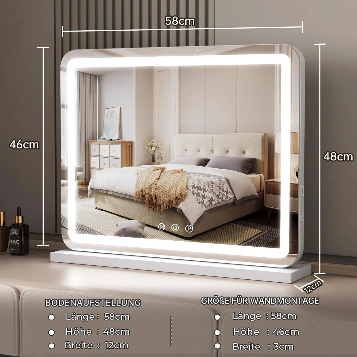 ZL ZELing Kosmetikspiegel mit Lichtern, 58,4 cm großer Make-up-Spiegel mit LED-Lichtern, Smart Touch, dimmbares 3-farbiges Licht, Memory-Funktion, USB-Ladeanschluss und Lupe