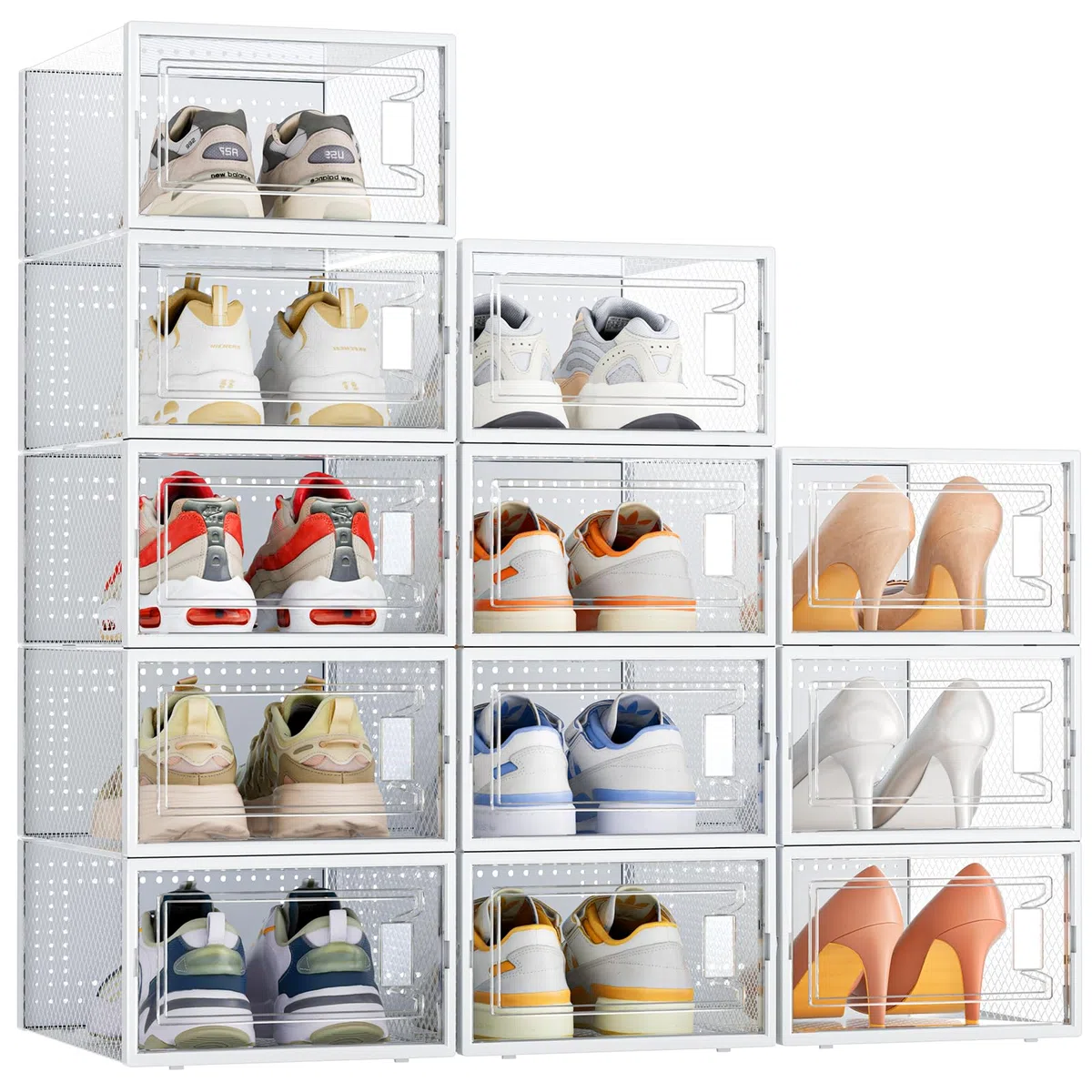 Schuhboxen Stapelbar, 12 Stück Schuhaufbewahrungsboxen, durchsichtiger stapelbarer Schuhorganizer aus Kunststoff mit Deckel für Damen/Herren, passend für Größe 10 (32,5 x 23 x 13,5 cm, weiß)