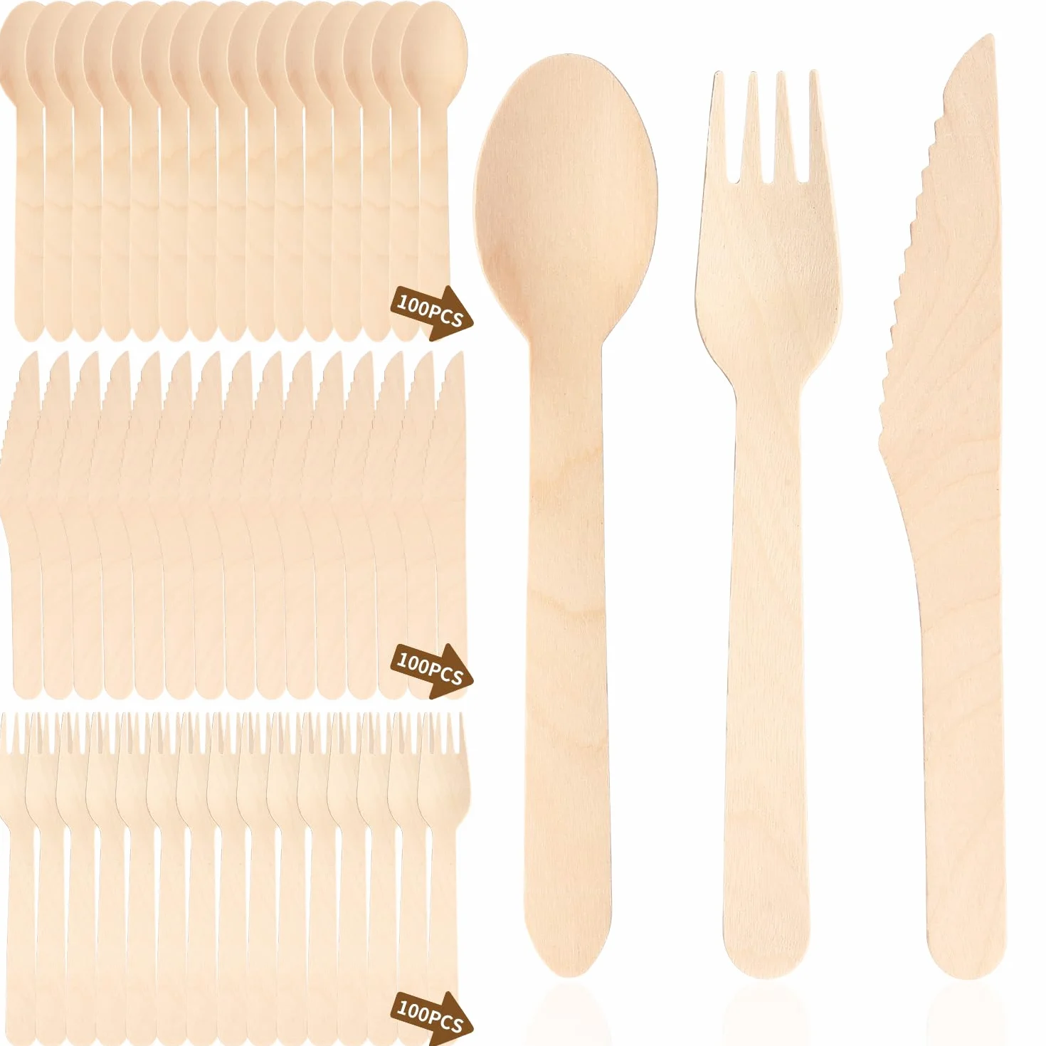 Heuchaey Besteck, Holzbesteck, 300-teilig, 100 Messer, 100 Gabeln, 100 Löffel, Besteck-Set, für Partys und Camping